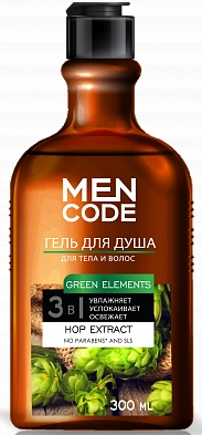 MEN CODE, GREEN ELEMENTS, Гель для душа c экстрактом хмеля и мяты, флакон/флиптоп, 300 мл