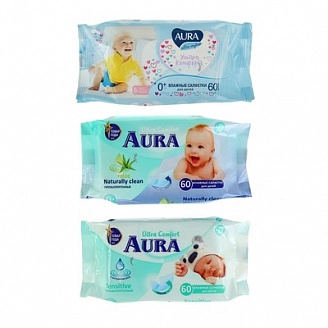 AURA, Салфетки влажные детские Ultra Comfort, (60 шт/упак)