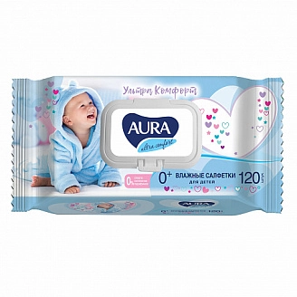 AURA, Салфетки влажные детские Ultra Comfort, с крышкой, (120 шт/упак)