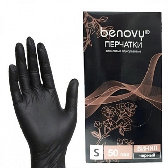 BENOVY, Перчатки виниловые неопудренные, черные, р-р S, (50 пар/упак)