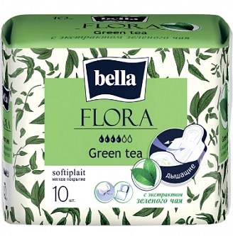 BELLA, Прокладки женские гигиенические впитывающие, bella FLORA Green tea, с экстрактом зеленого чая (10 шт/упак)