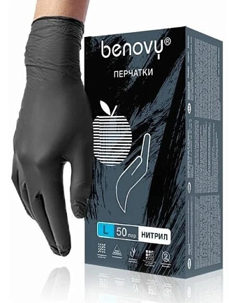 BENOVY, Перчатки нитриловые р-р L (черные) 50 пар