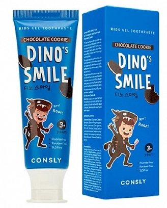 CONSLY, DINO's SMILE, Детская гелевая зубная паста  c ксилитом и вкусом шоколадного печенья, 60г