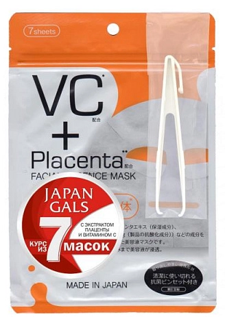 JAPAN GALS, PLACENTA+, Маска с плацентой и витамином C, 7 шт
