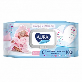 AURA, Салфетки влажные детские Ultra Comfort, с крышкой, (100 шт/упак)