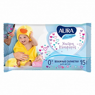 AURA, Салфетки влажные детские Ultra Comfort, (15 шт/упак)